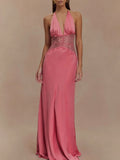 Fuchsia halter neck lace-trimmed maxi dress with gathered bust and lace waist