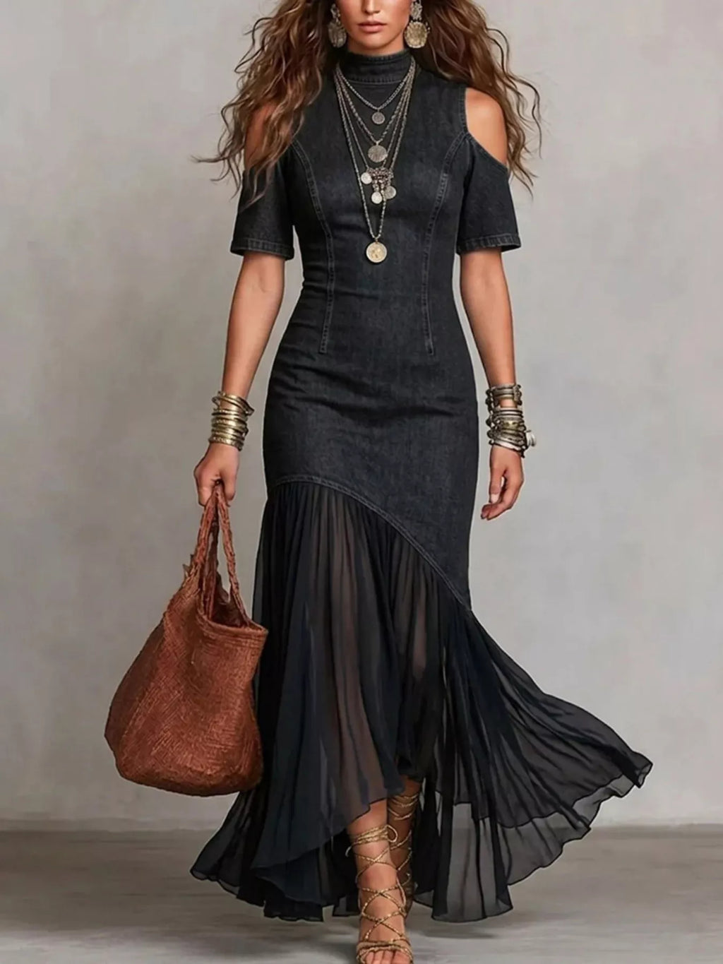 Black mock-neck cold-shoulder denim maxi dress with asymmetrical ruffle hem