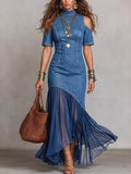 Blue mock-neck cold-shoulder denim maxi dress with flowing layered ruffle hem