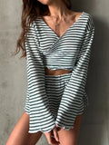 Striped long-sleeve top and shorts set with front cutout and tie at waist