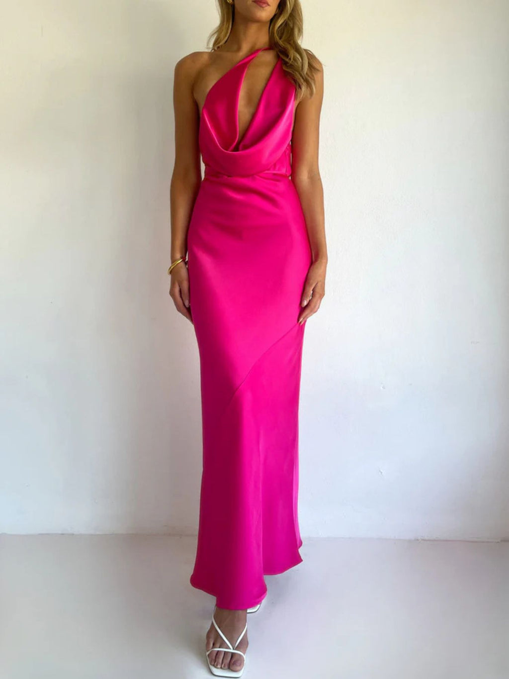 Rose-pink satin halter maxi dress with draped cowl neckline, sleeveless fit