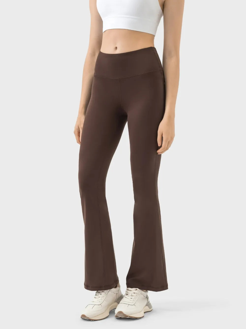 High-waist active pants, mocha straight-to-flare fit