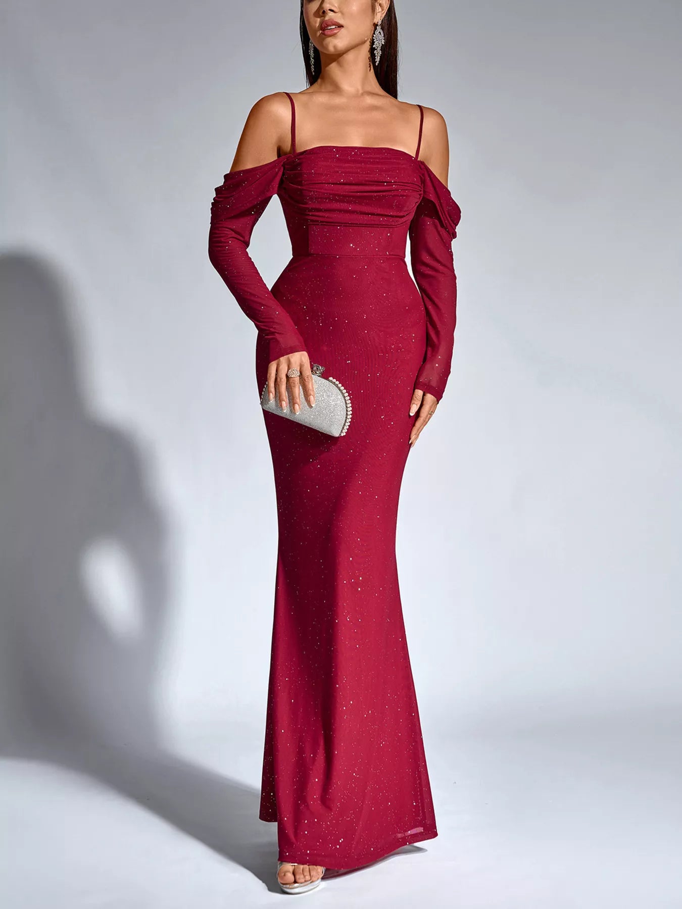 Wine red glitter mermaid maxi dress with ruched off-shoulder bodice and fitted long sleeves