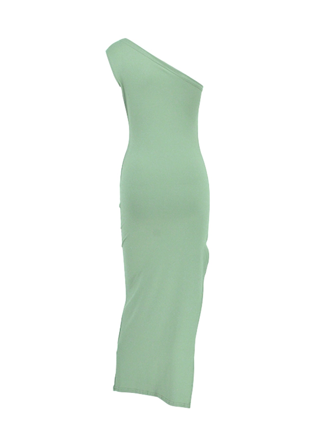 Green one-shoulder ruched bodycon midi dress with side slit, side view