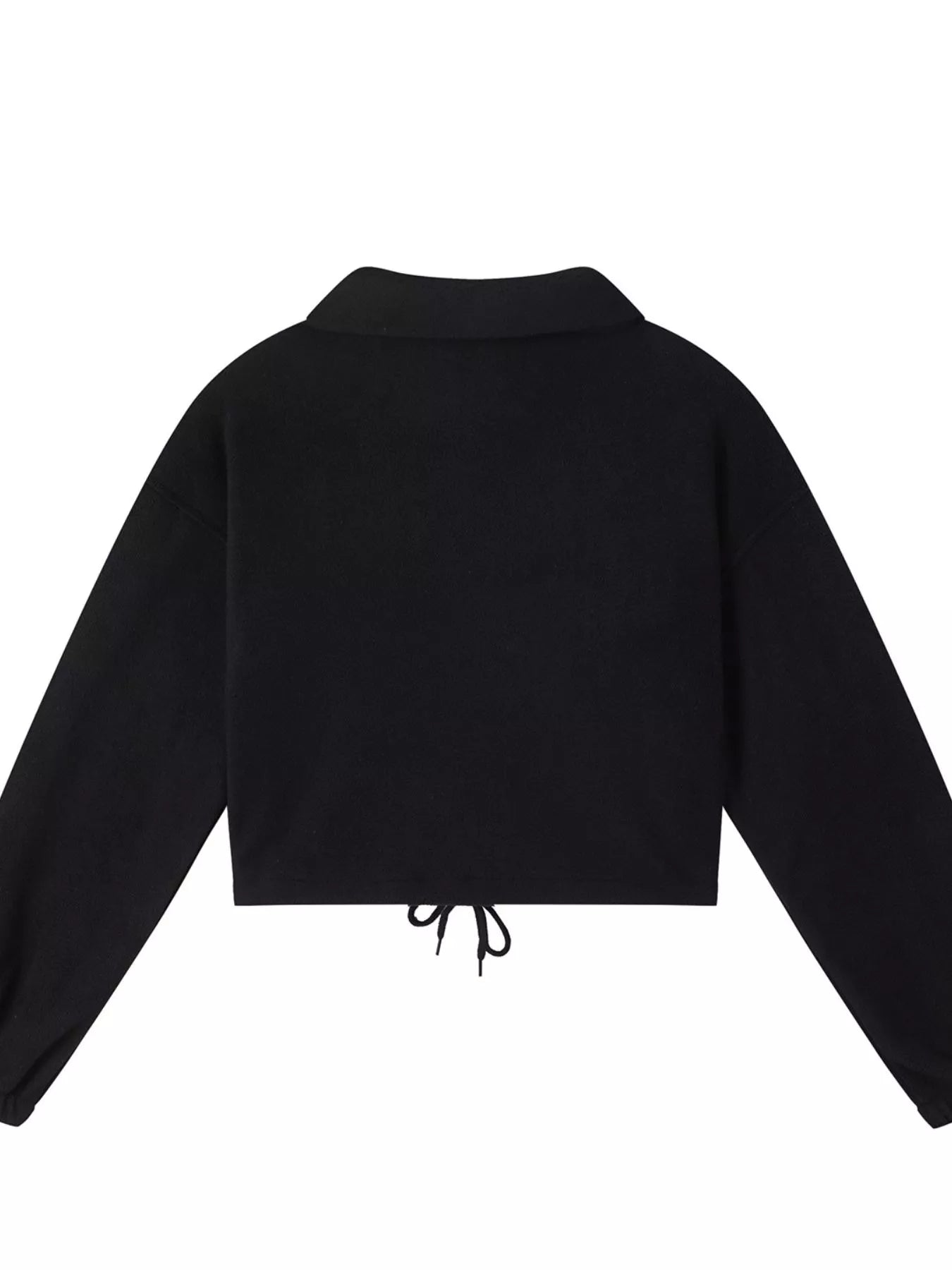 Black quarter-zip sweatshirt set, back view of top with drawstring detail.