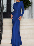 Blue long-sleeve maxi dress with ruched knot front and gathered waist detail