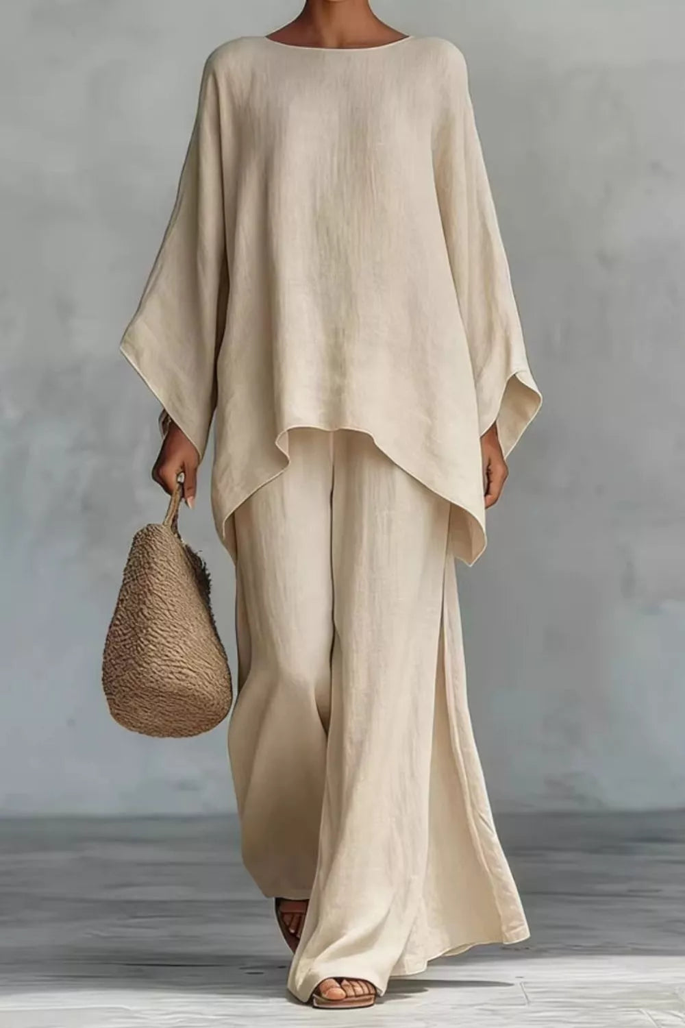 Two-piece long-sleeve top and wide-leg pants set, beige draped tunic and wide-leg trousers
