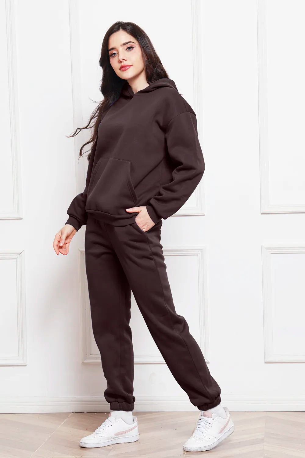 Dark brown drop-shoulder long-sleeve hoodie and jogger pants set, side view