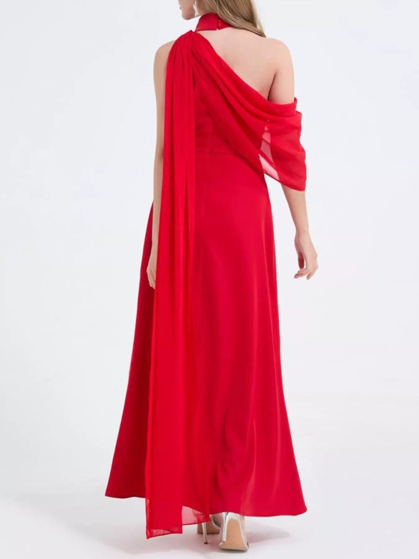Red one-shoulder maxi dress with backless drape and high front slit