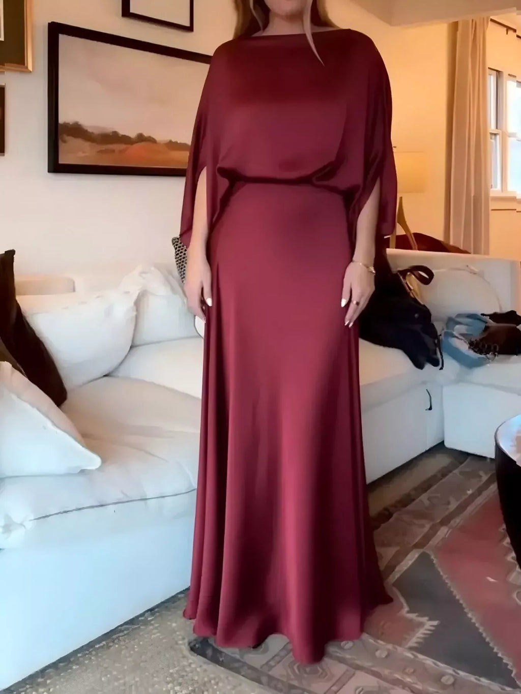 Wine red satin maxi dress with batwing sleeves and draped waist front