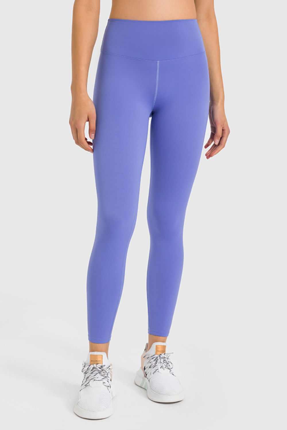 High waist ankle-length yoga leggings in lavender purple, smooth, contoured seams