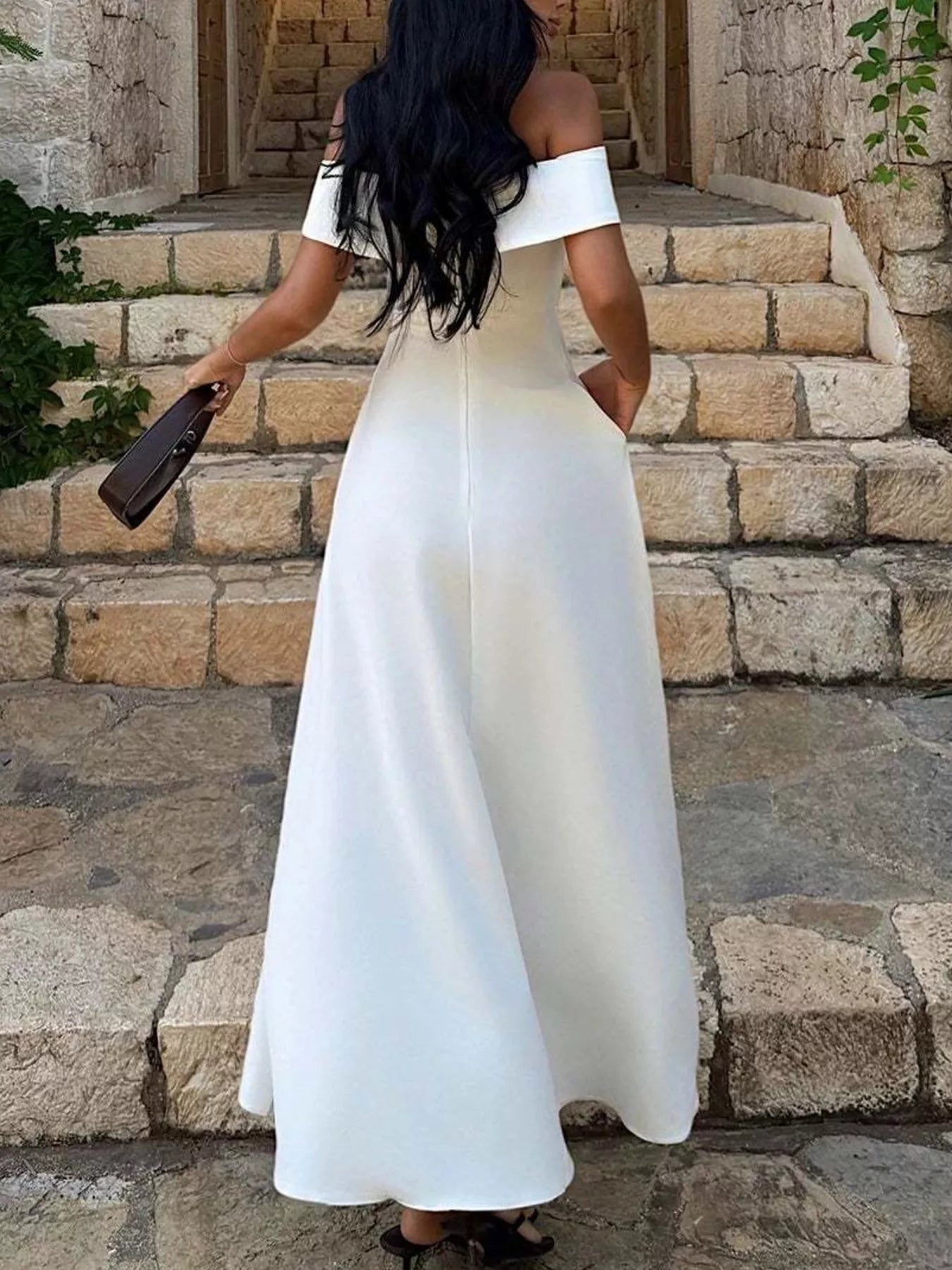 Off-shoulder A-line maxi dress in off-white, wide neckline, full skirt silhouette