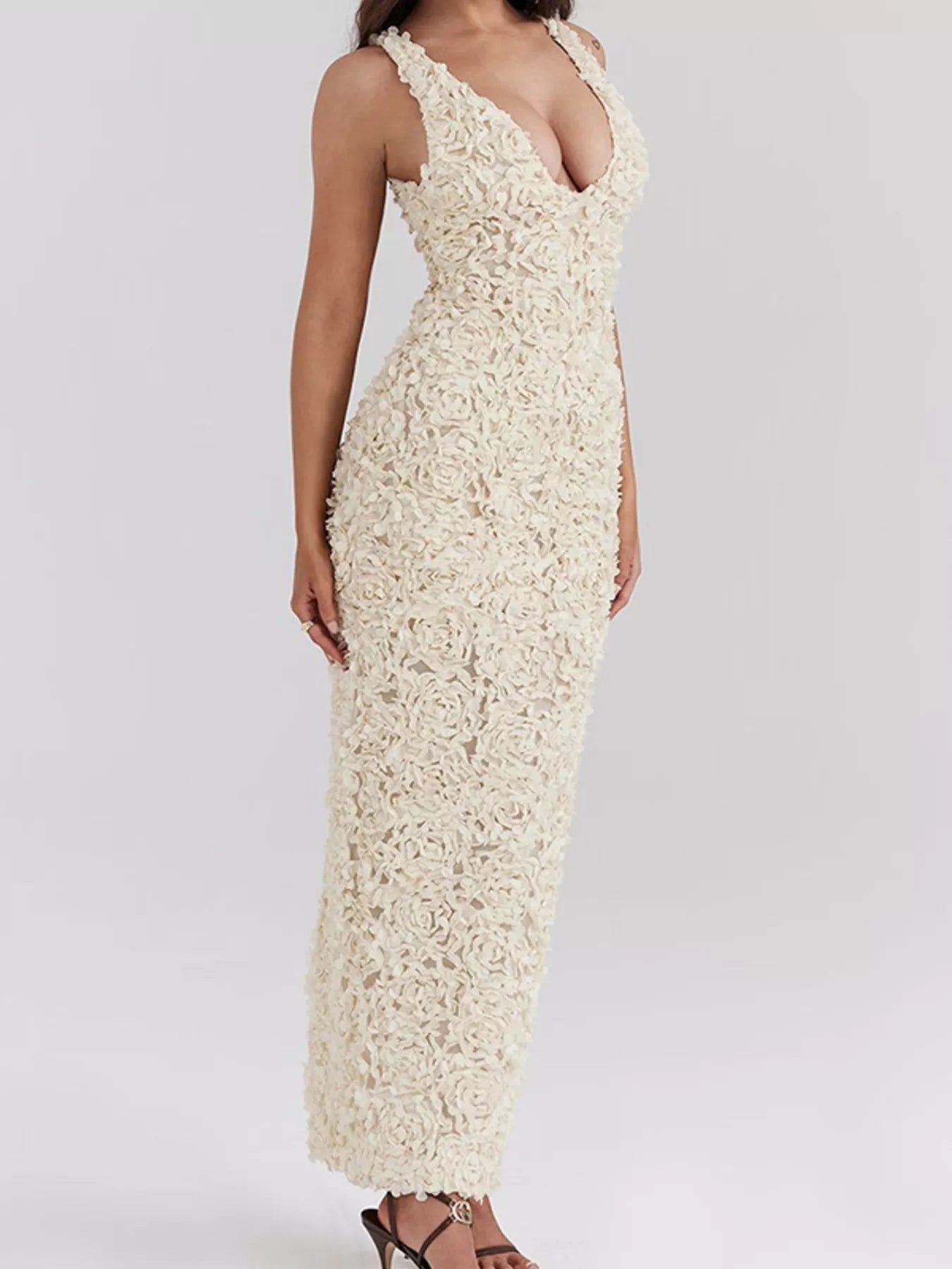 White floral applique deep V-neck fitted maxi dress with thin shoulder straps