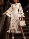 White lace flare dress with fringe tassel hem and bell sleeves, plus-size fit