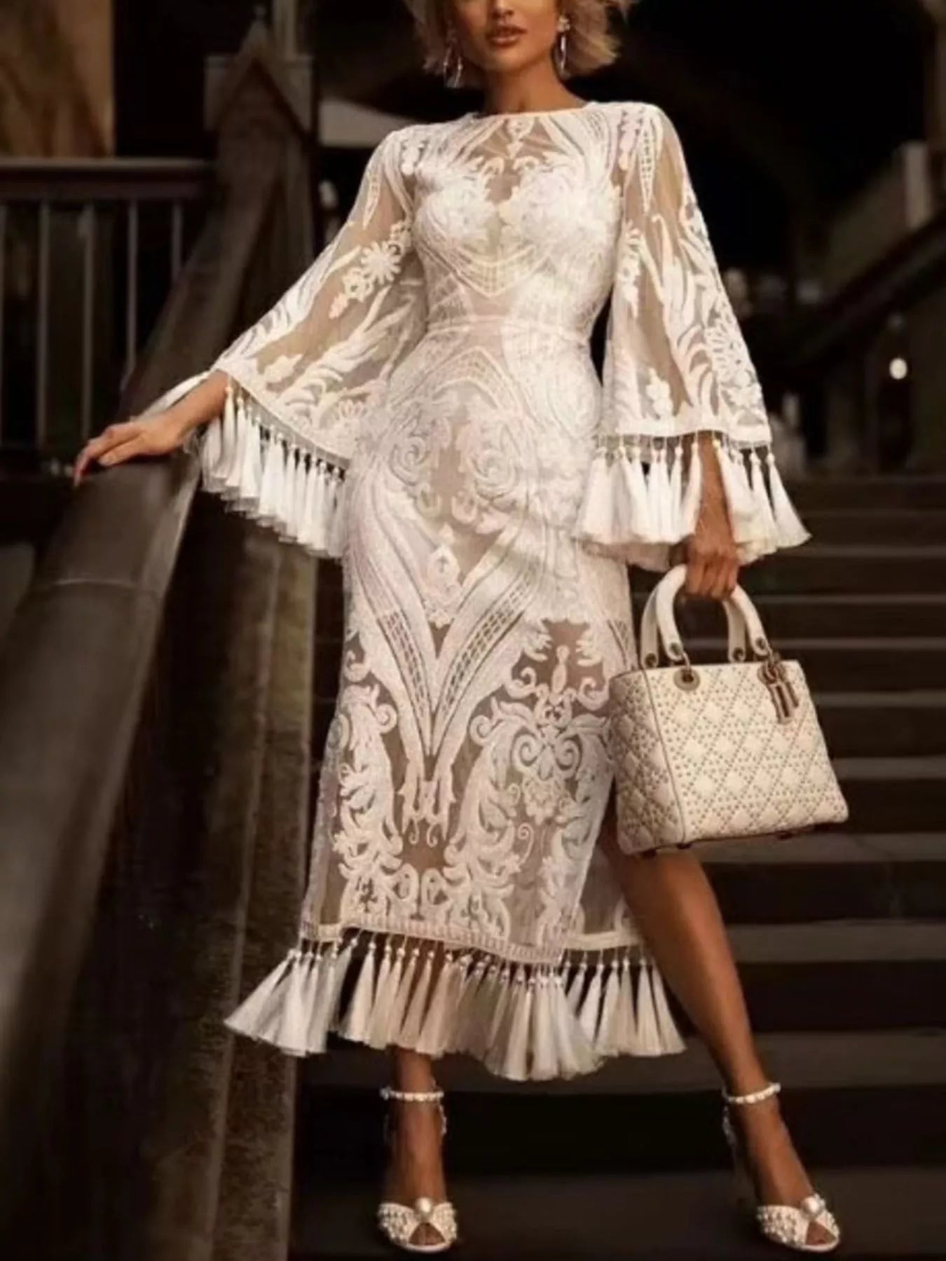 White lace flare dress with fringe tassel hem and bell sleeves, plus-size fit