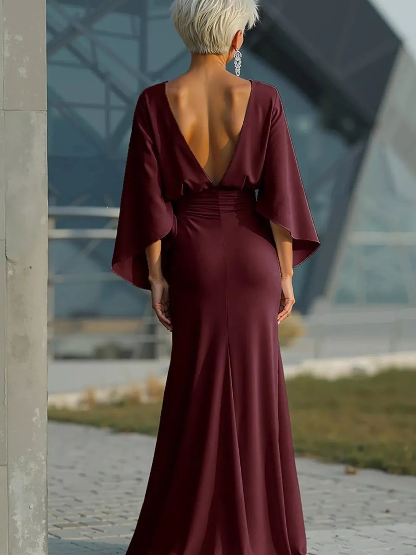 Maroon batwing sleeve ruched maxi dress with open back and gathered waist