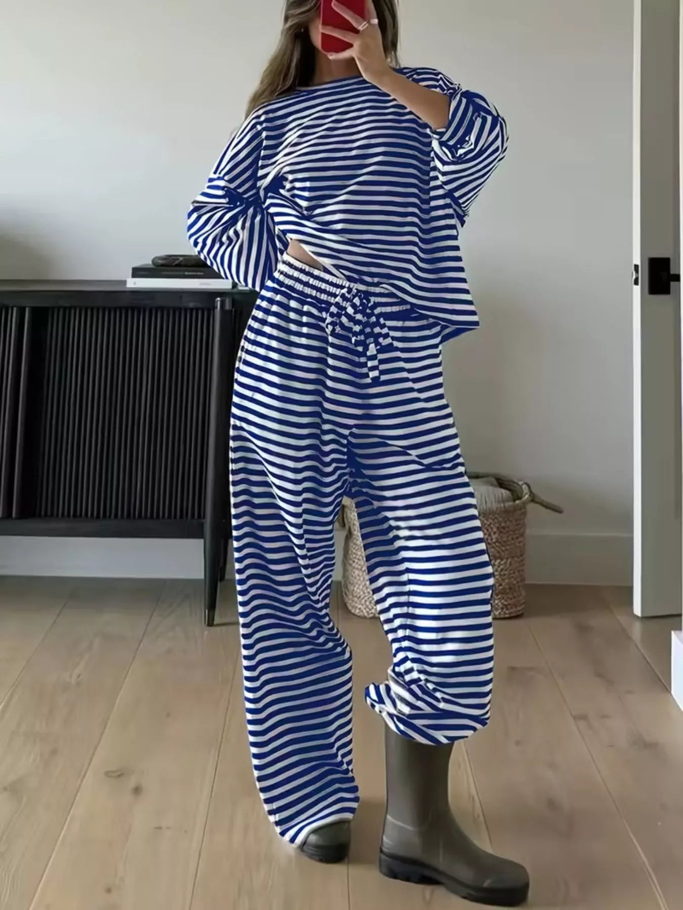 Royal blue-and-white striped set with long sleeves, crew neck, and wide-leg pants