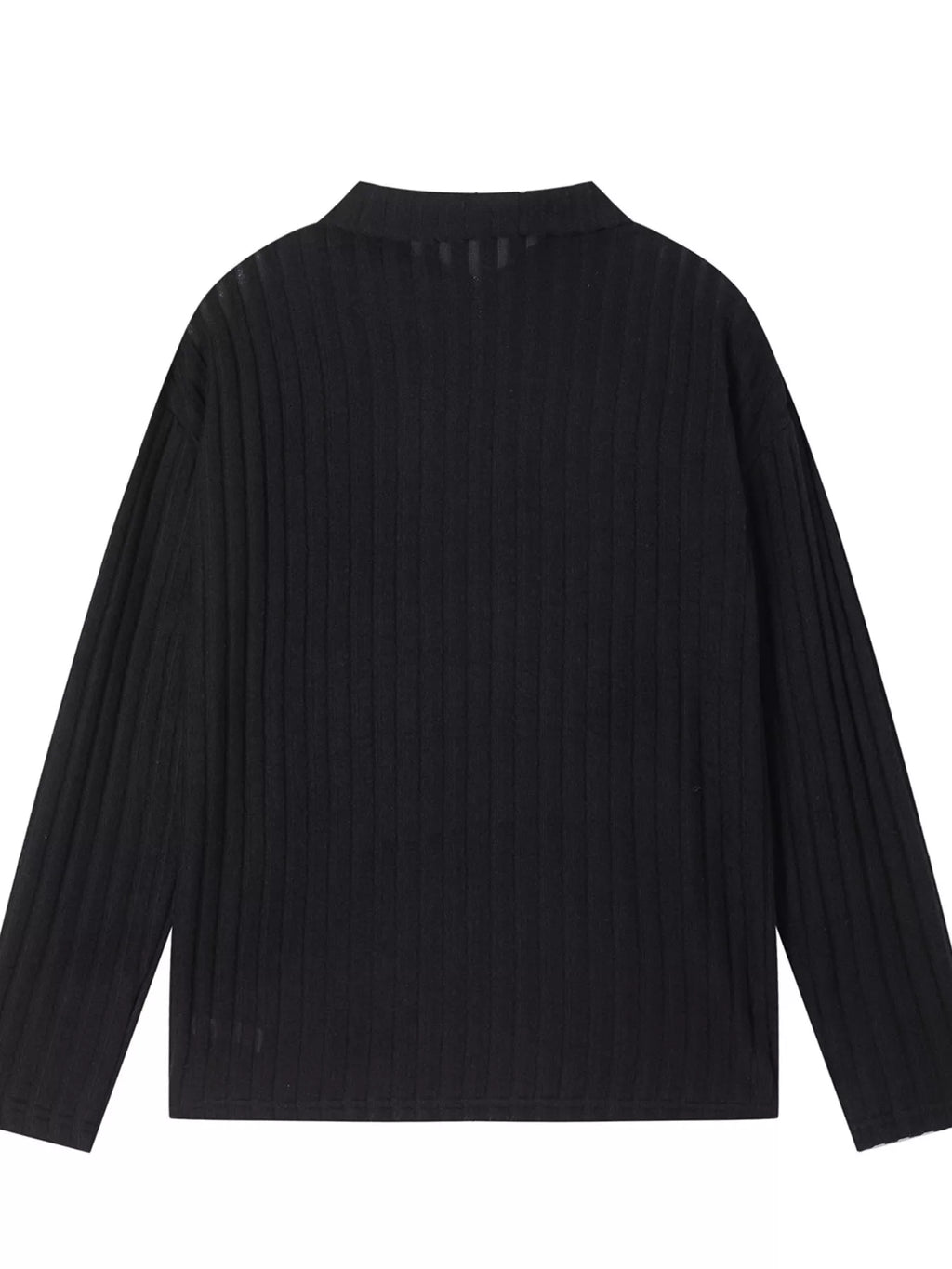 Black ribbed knit high-neck pullover top with long sleeves, textured stripes