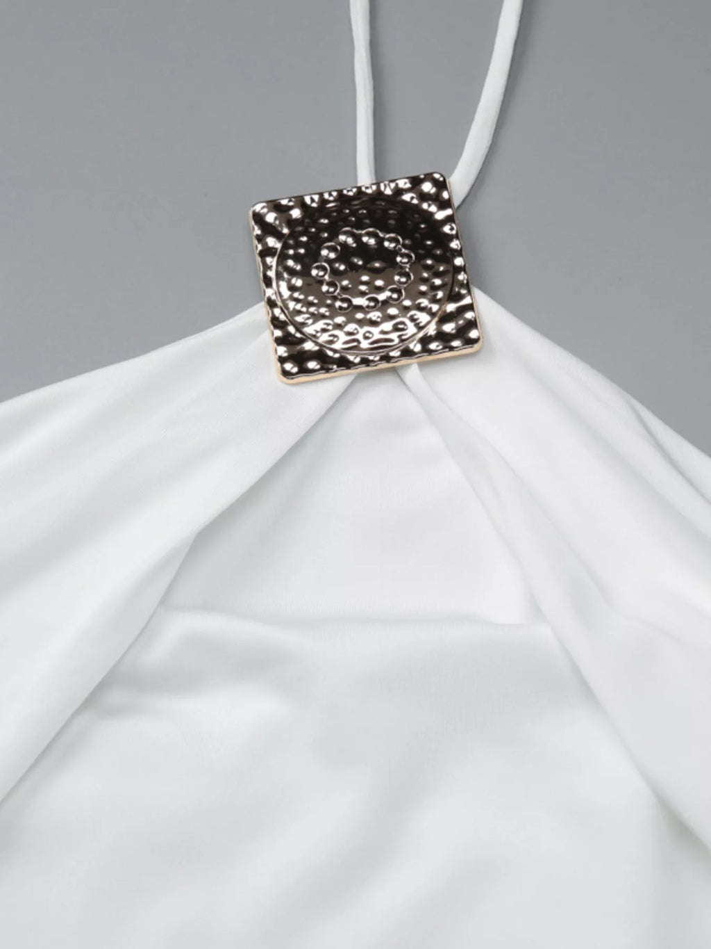 White backless halter maxi dress with jeweled square chest detail and draped ruching
