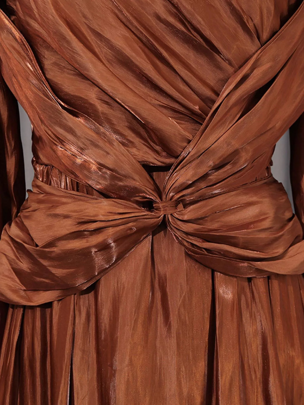 Coffee-brown twisted drape bodice with knotted waist and gathered fabric