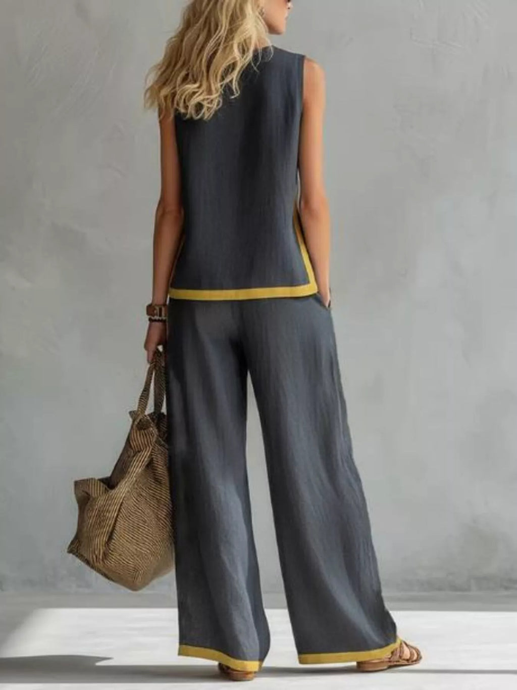 Plus size sleeveless top and wide-leg pants set, dark gray with mustard contrast stripe