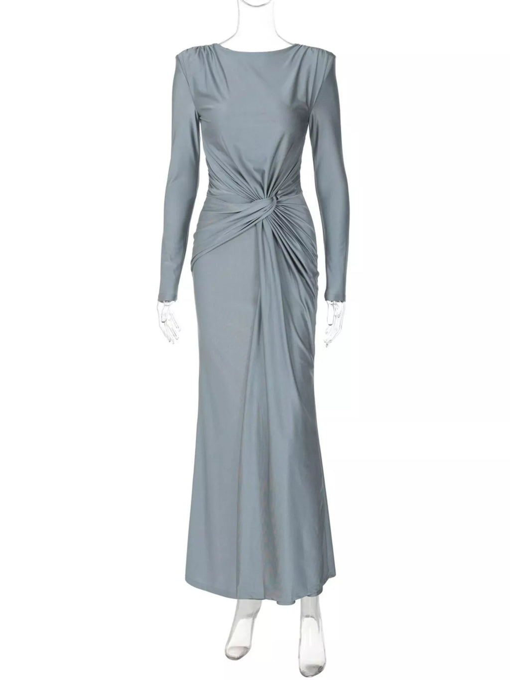 Gray twisted long-sleeve maxi dress on mannequin with ruched center twist at waist.