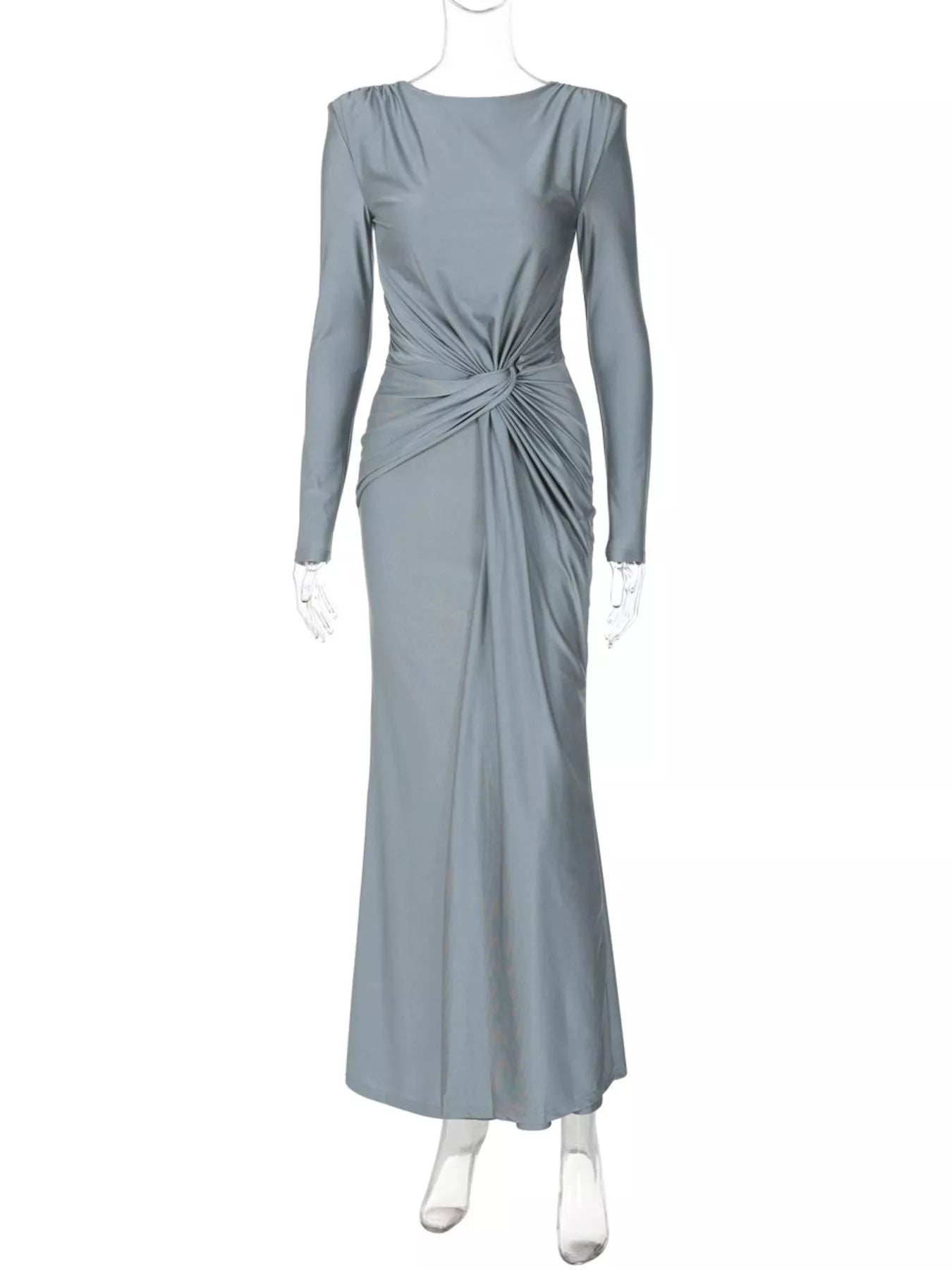 Gray twisted long-sleeve maxi dress on mannequin with ruched center twist at waist.