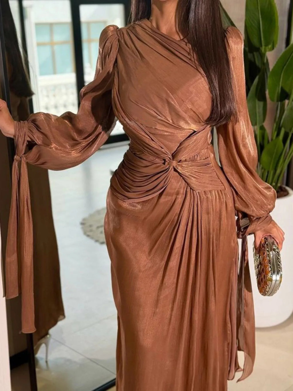 Coffee-brown front-twisted draped long-sleeve maxi dress with ruched skirt