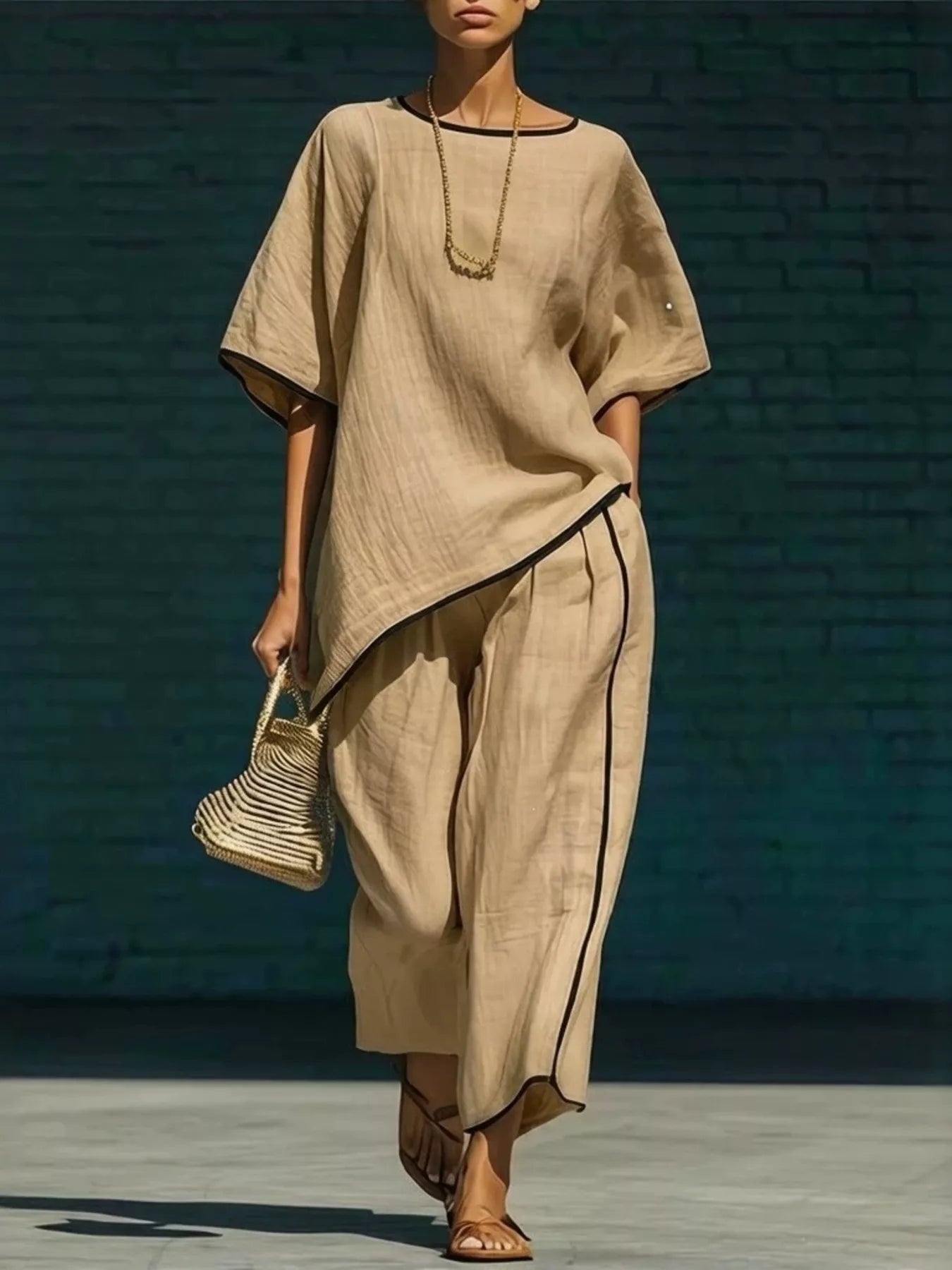 Khaki round-neck top and matching pants set with black contrast trim