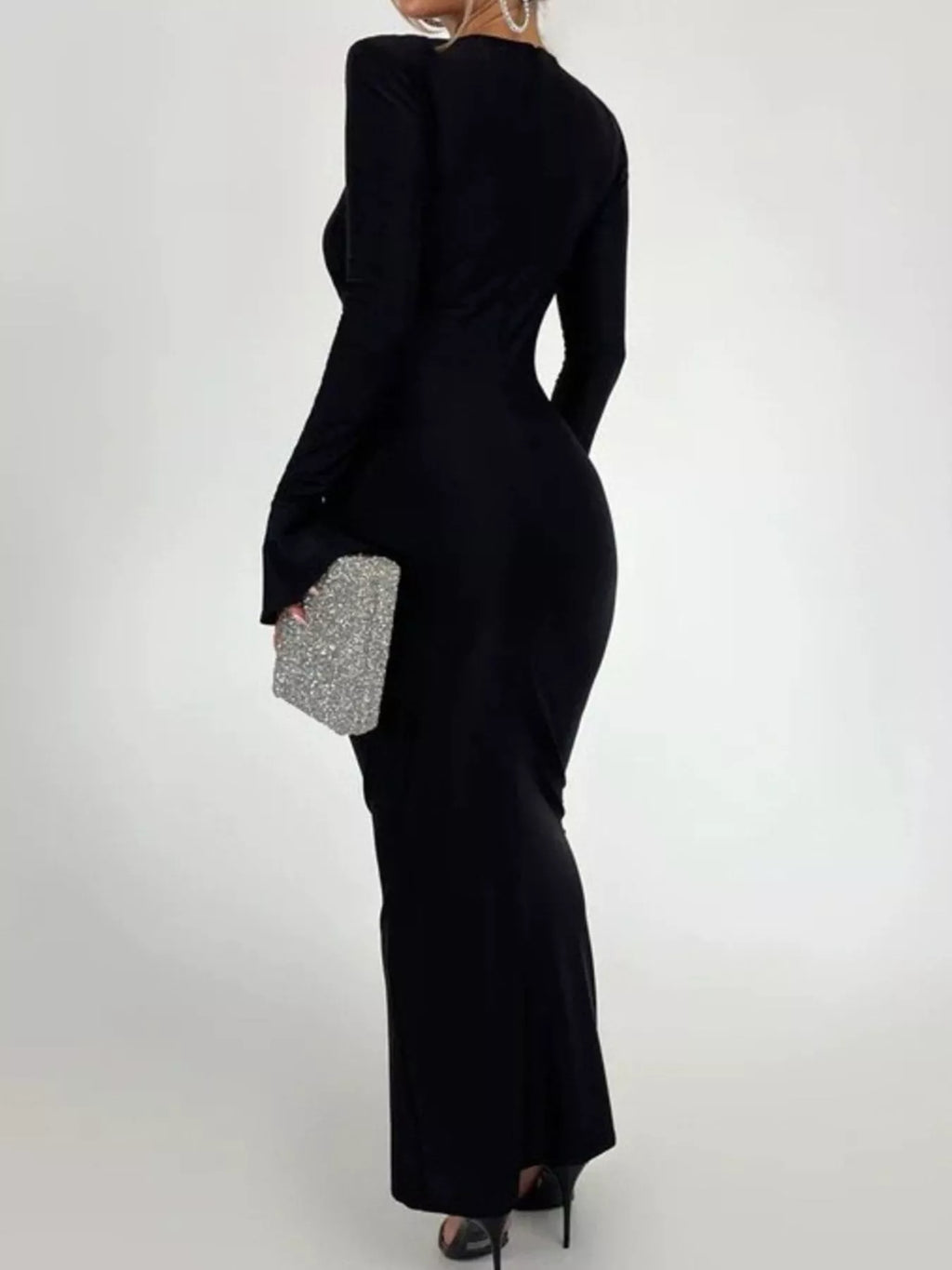 Black back-view ruched bodycon maxi dress with long sleeves and diagonal seams