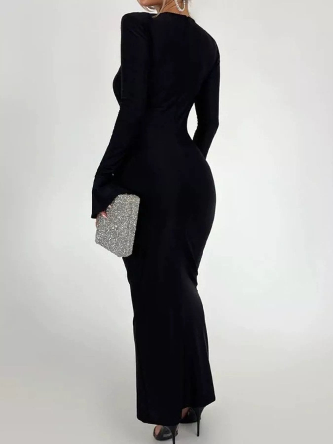 Black back-view ruched bodycon maxi dress with long sleeves and diagonal seams