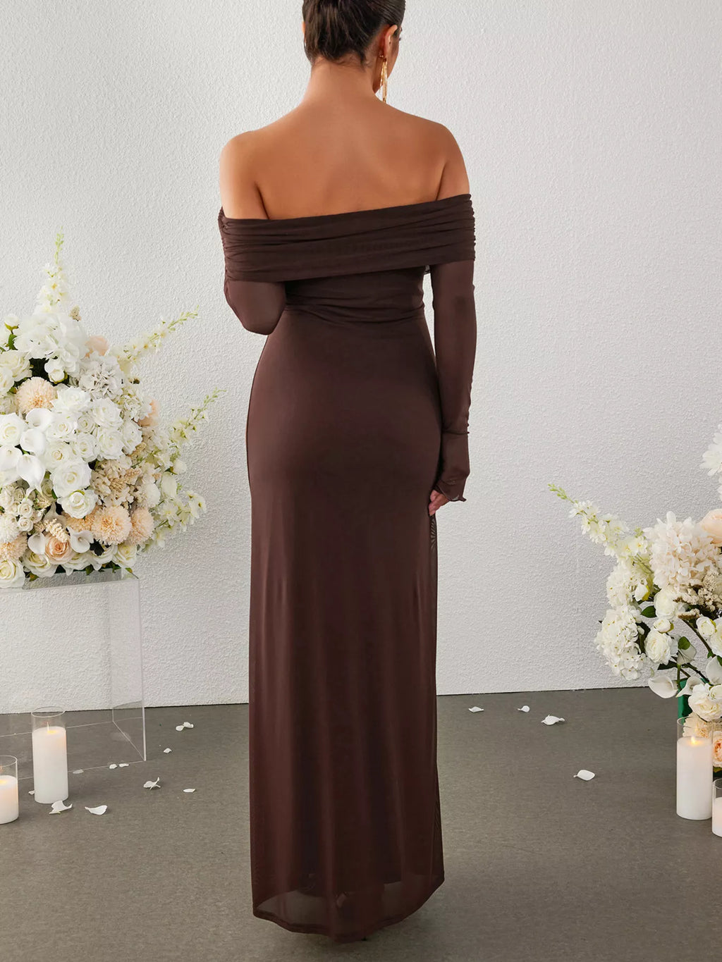Brown off-shoulder ruched maxi dress from back view with long sleeves