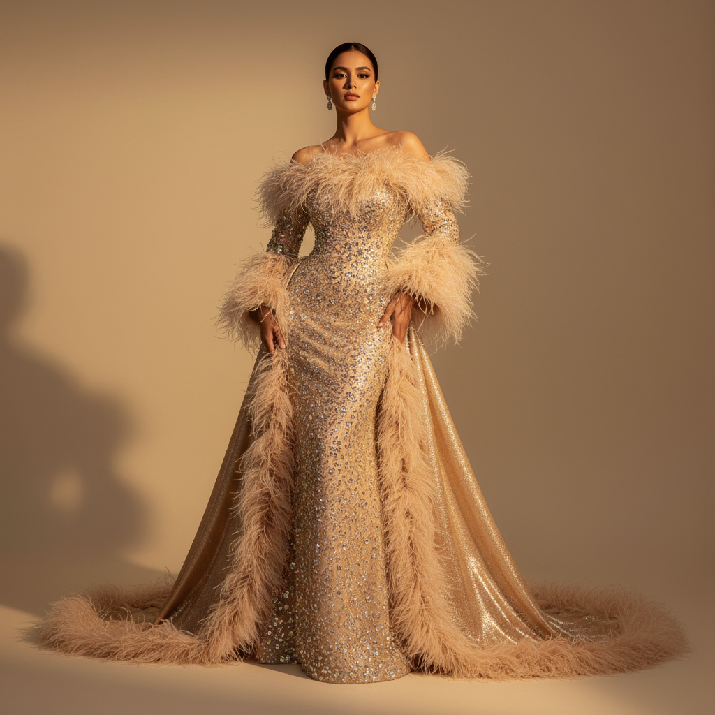 The Plume Rhinestone Gown in Champagne
