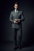 Charcoal grey double-breasted power suit peak lapels luxury menswear