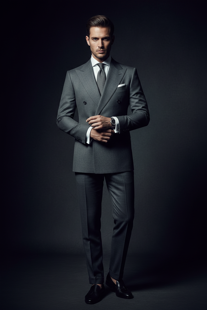 Charcoal grey double-breasted power suit peak lapels luxury menswear