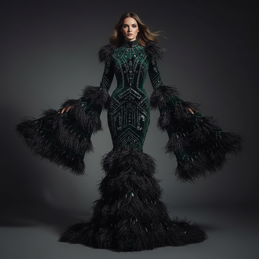 The Noir Plume Rhinestone Gown - Luxury Feather and Rhinestone Dress by Envyre1