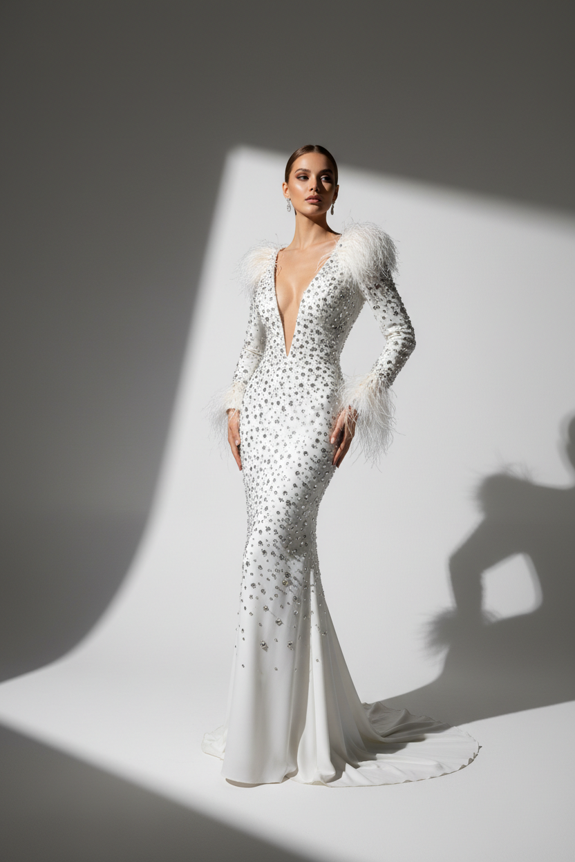 The Plume Rhinestone Gown in White - Sultry Silhouette