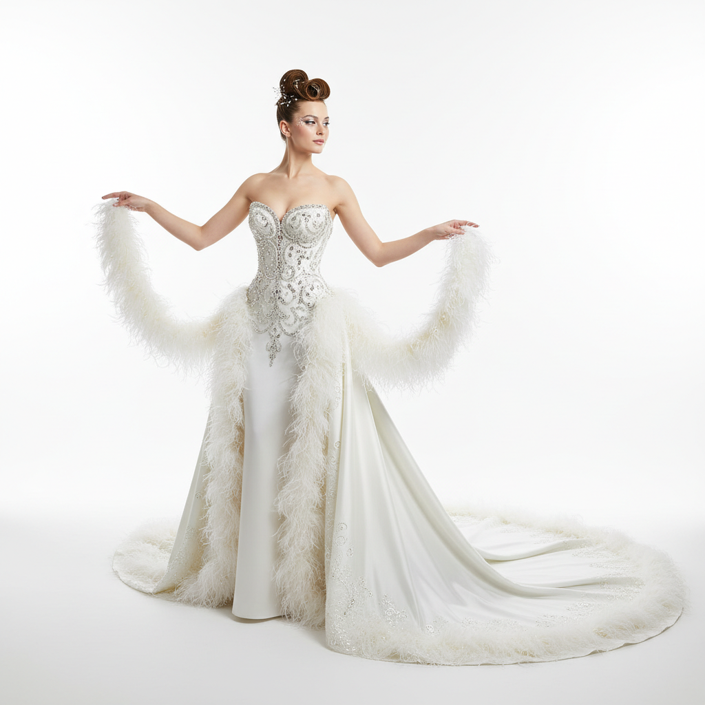 The Plume Rhinestone Gown in White