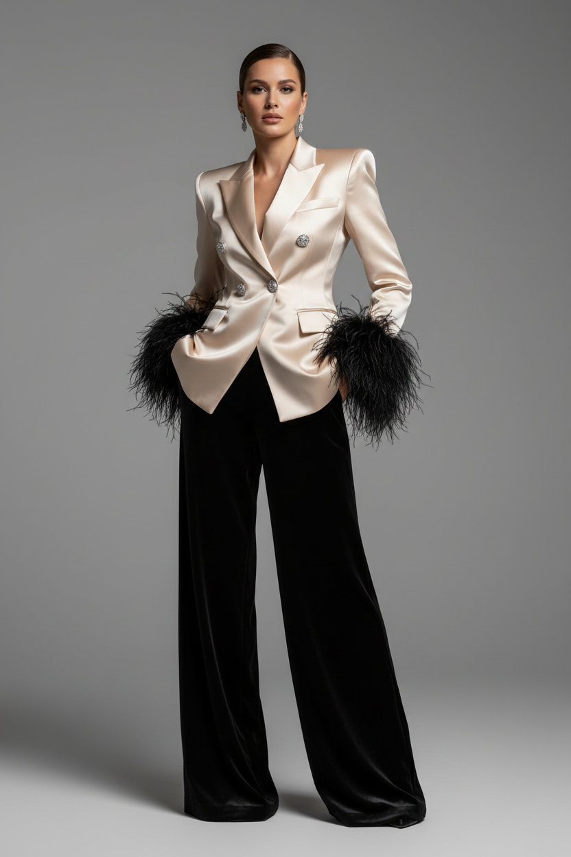 The Envyre Plume Power Suit - Luxury Feather Rhinestone Women's Suit in Champagne and Black