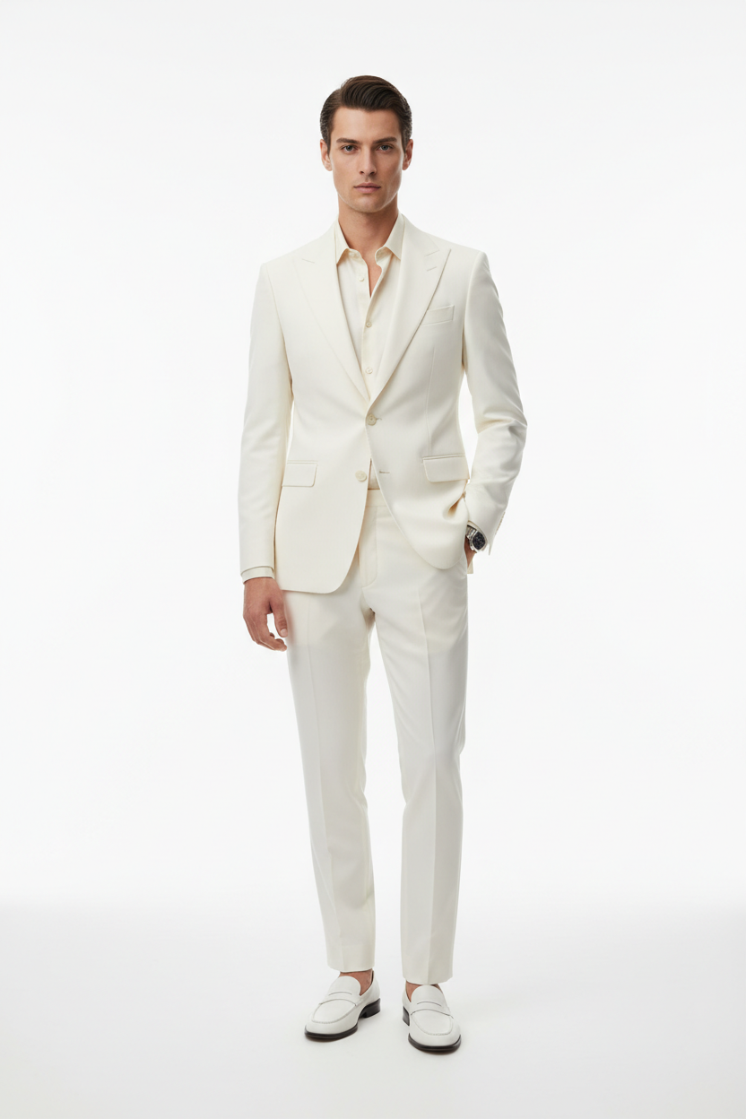 Ivory white slim fit suit luxury menswear editorial fashion