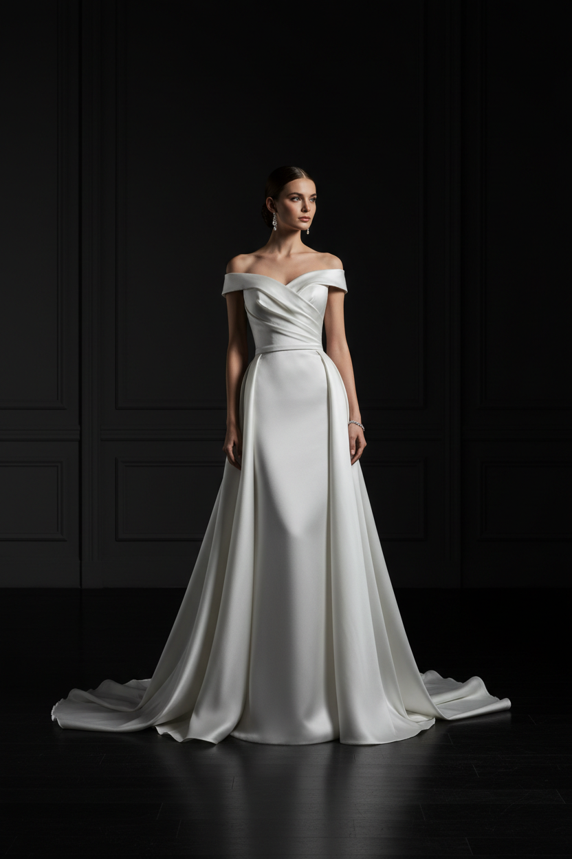 Luxury white silk off-shoulder evening gown