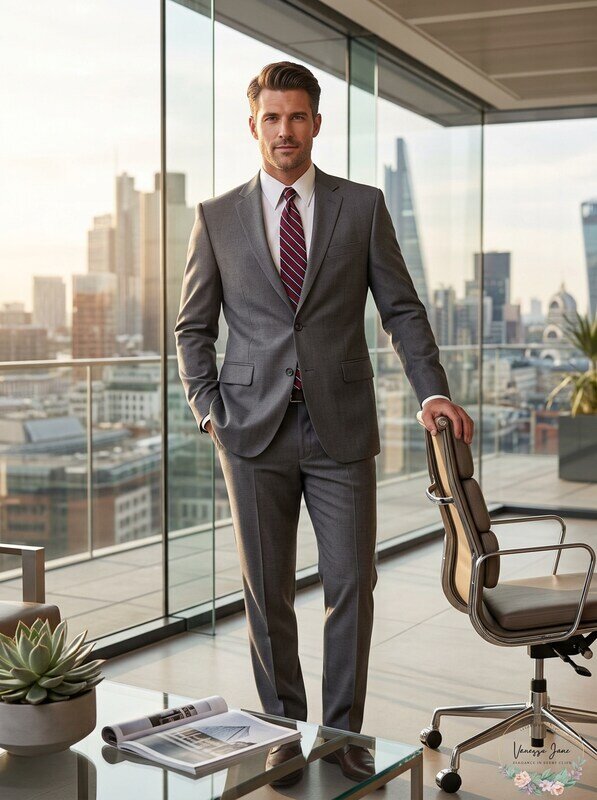 Men’s dark gray suit jacket on model with two-button front and flap pockets