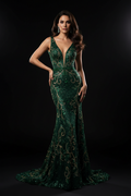 Jade green crystal-beaded fitted gown with deep V neckline, mermaid silhouette