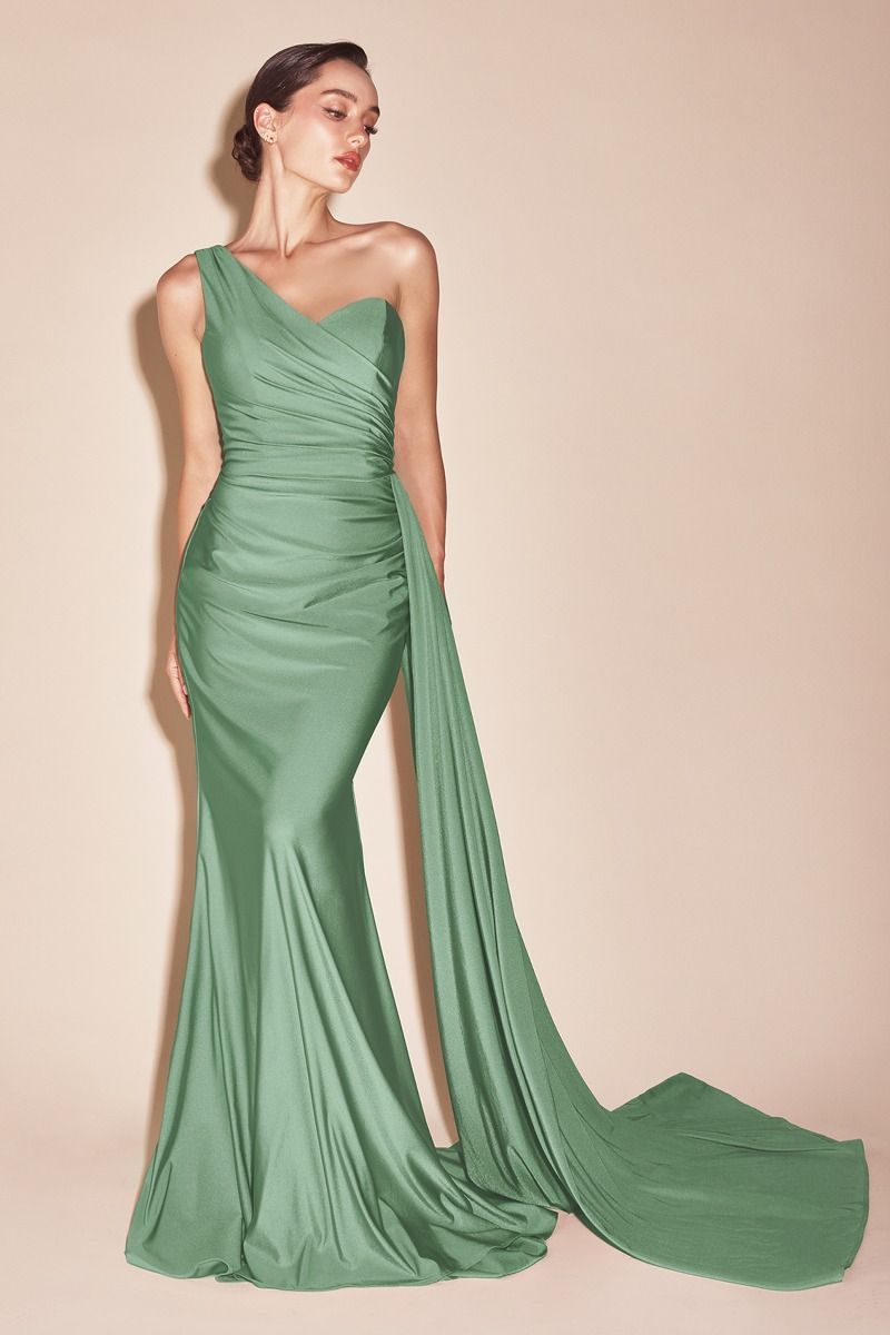 Long one-shoulder satin gown in dark sage green with ruched waist and side sash drape