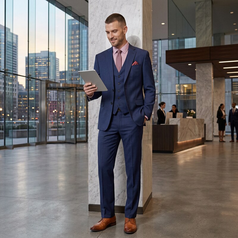 Men's blue tonal windowpane suit with single-breasted blazer and matching trousers