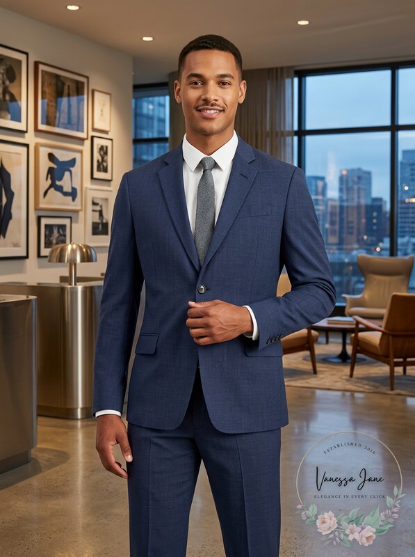 Men's navy slim-fit single-breasted suit with white shirt and gray tie