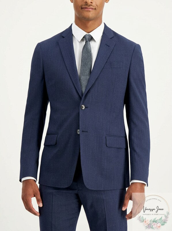 Men's navy single-breasted suit blazer with notched lapels and front button