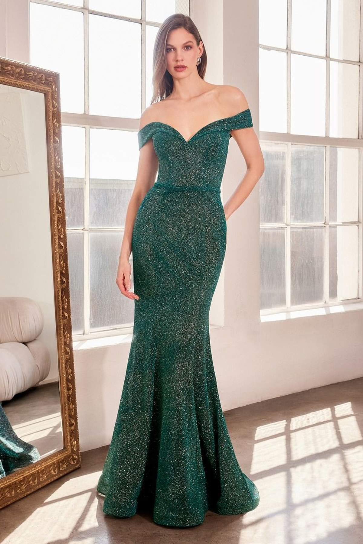 Off-shoulder sweetheart prom gown in teal glitter, fitted waist, mermaid flare hem.