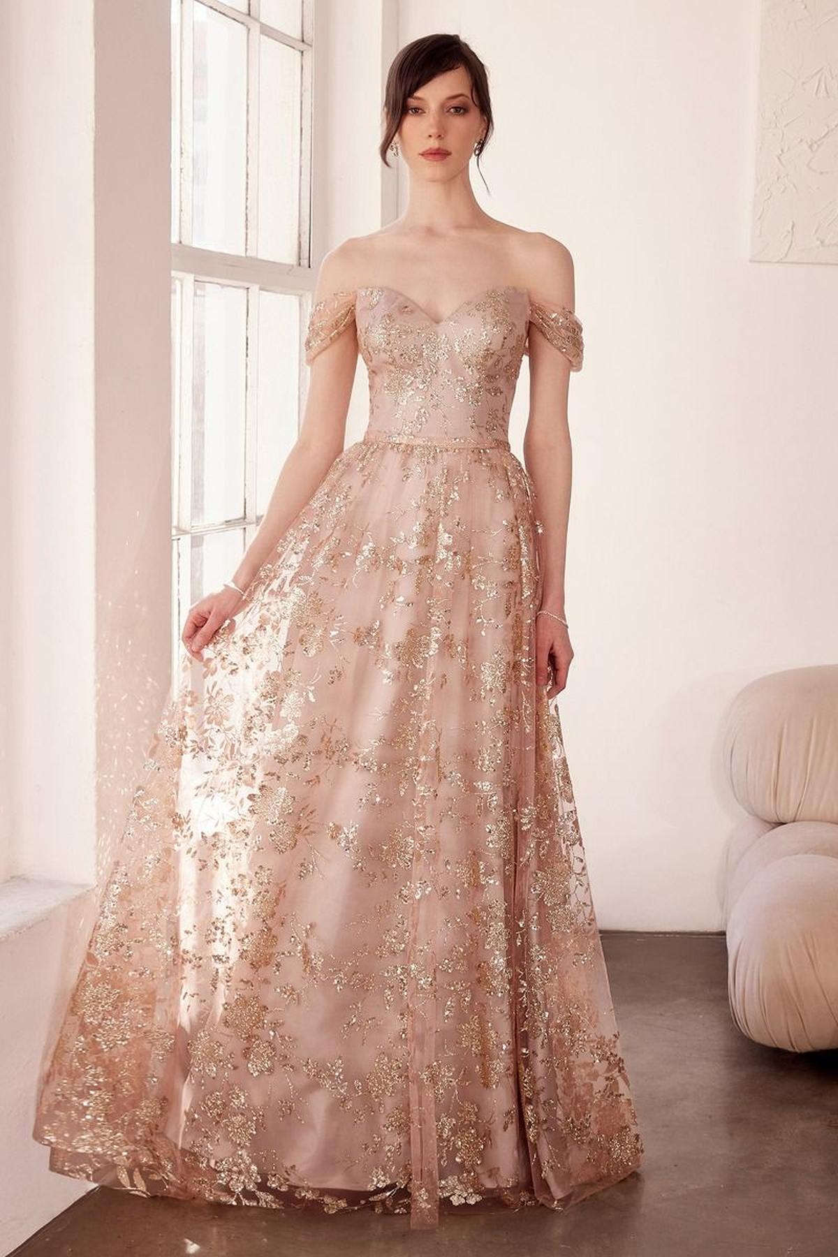 Ladivine Amoris T607 Glitter Print Off the Shoulder A-Line Prom Gown