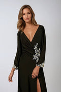 Amoris T809 Long Sleeve V-Neckline Embellished Leg Slit Gown
